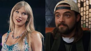 Taylor Swift looking to her right on stage in The Eras Tour, pictured next to Kevin Smith looking forward excitedly in Dogma. 