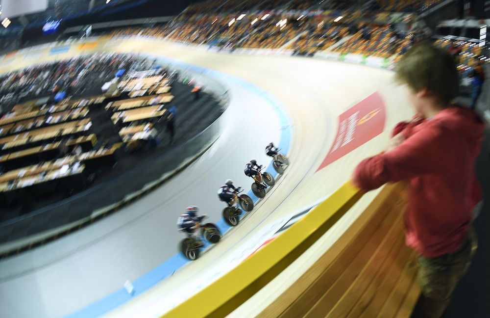 France's team competes in the Women's Team Pursuit qualifying round during the UCI Track Cycling World Championships in Apeldoorn