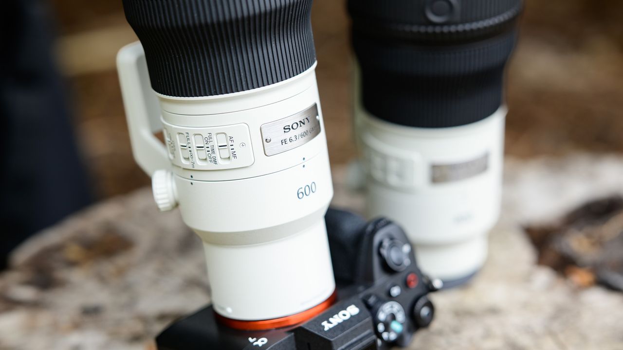Sony FE 400mm F4.5 GM OSS and Sony FE 600mm F6.3 GM OSS super-telephoto lenses on a tree stump, with the 600mm attached to a Sony A7R V camera, closeup of the lens controls