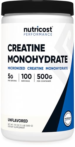 Nutricost Creatine Monohydrate Micronized Powder 500g, 5000mg Per Serv (5g) - 100 Servings, 17.9 Oz