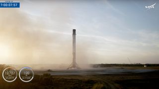 The first stage of the Crew-10 mission's Falcon 9 rocket is seen shortly after its touchdown on March 14, 2025.