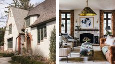 two side by side images of the exterior of a tudor home and a layered vintage inspired living room