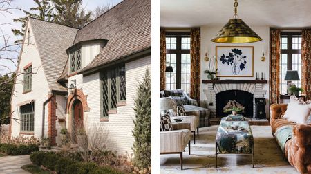 two side by side images of the exterior of a tudor home and a layered vintage inspired living room