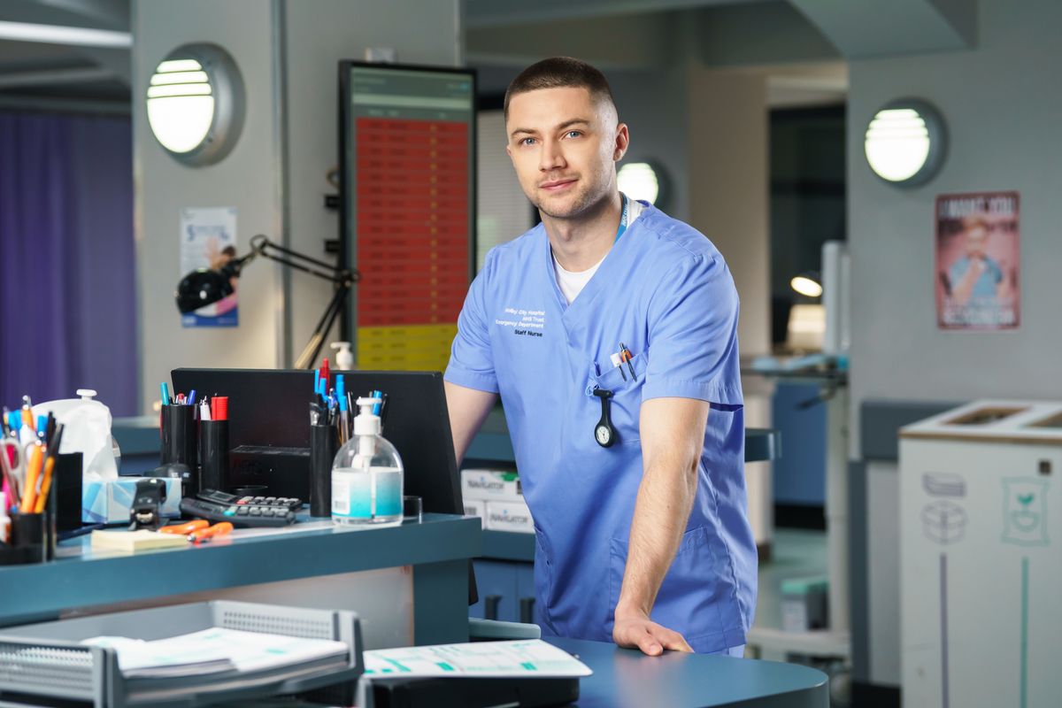 Casualty nurse Ryan in posed shot in Holby Hospital&#039;s busy ED.