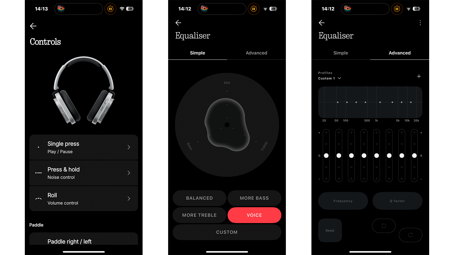 Nothing Headphone (1) over-ear headphones app on three smartphone screens