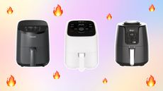 Three air fryers on pastel background with fire emojis