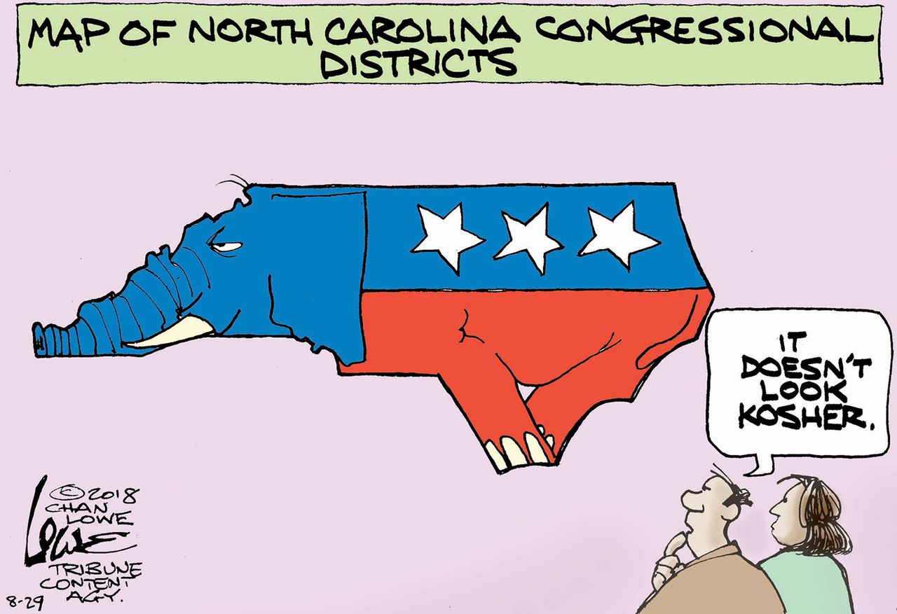 Political cartoon U.S. North Carolina congressional districts gerrymandered