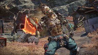 Screenshot from the video game Borderlands 4. A man wearing chest armor and a full-face helmet/mask is holding a blazing clever threateningly.