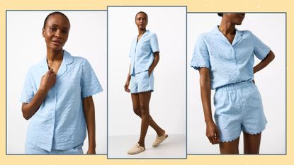 three shots of a model wearing the tu pyjamas