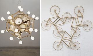 left: Björn Dahlem, Sonne, 2013; right: Ai Weiwei, Forever (Stainless Steel Bicycles in Gilding), 3 Pairs, 2013