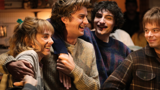 maya hawke joe keery finn wolfhard and charlie heton smile in a behind the scenes stranger things season 5 photo