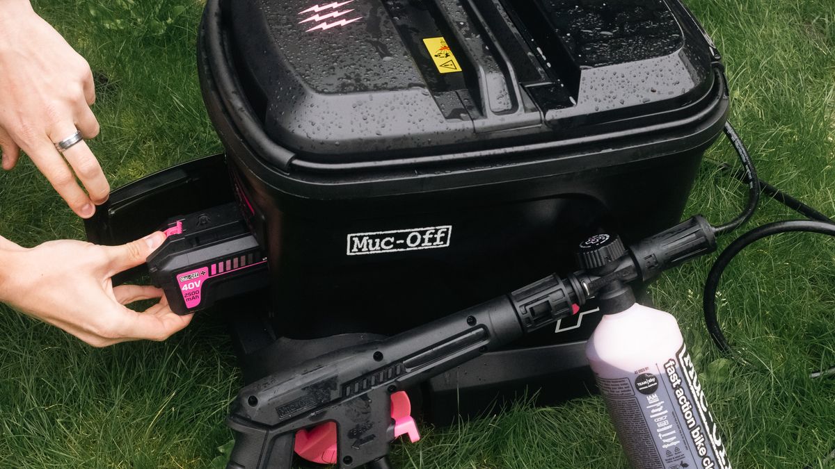 The Muc-Off Mobile Bike Pressure Washer showing battery housing