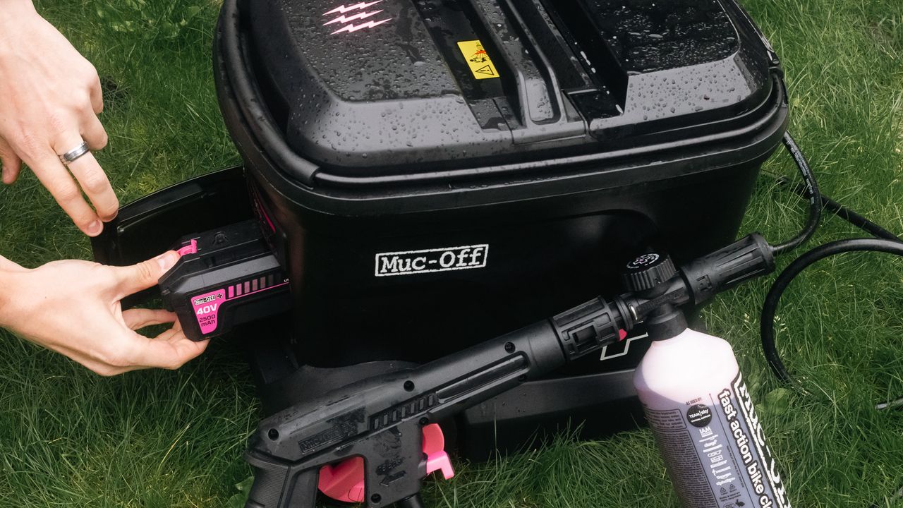 The Muc-Off Mobile Bike Pressure Washer showing battery housing