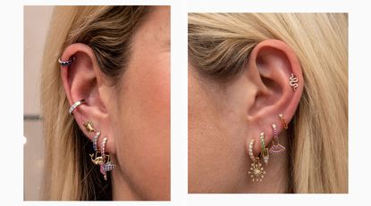 Ear with hoops and stud earrings all the way up it