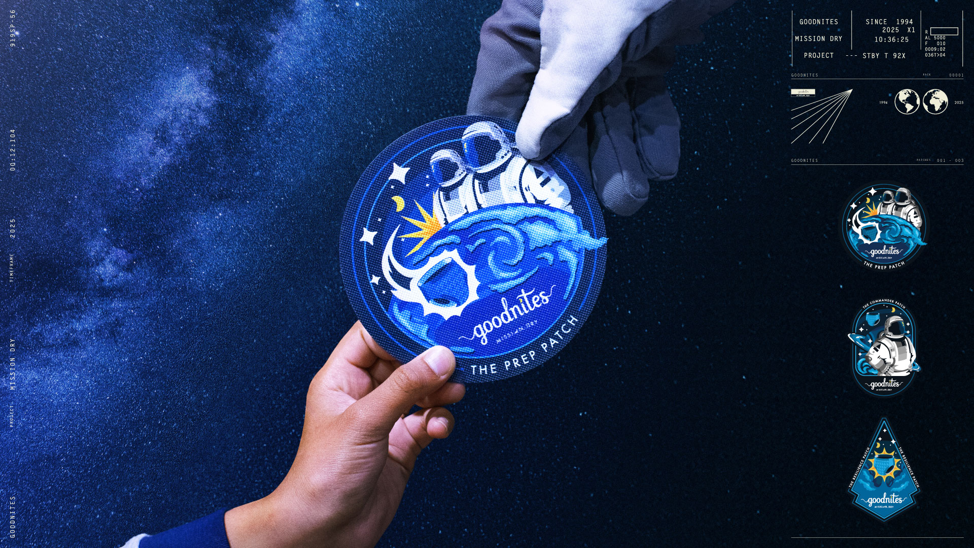 an astronaut's gloved hand passes a mission patch to a young boy's hand