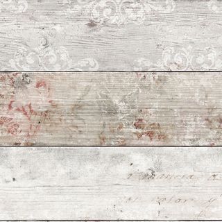 white-washed boards with faded pink and green faded floral design
