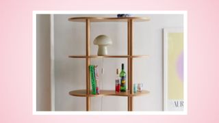 A picture of a wooden bookshelf on a pink background