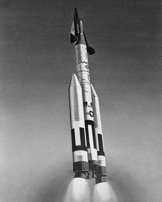 An artist's concept of the X-20 Dyna-Soar spacecraft launching atop a Titan III booster. Dyna-Soar would be launched into orbit from Cape Canaveral, Florida, reenter the atmosphere, and glide to a landing on the dry lakebed at Edwards Air Force Base in California. Original plans called for the first crewed flight to take place in August 1965.