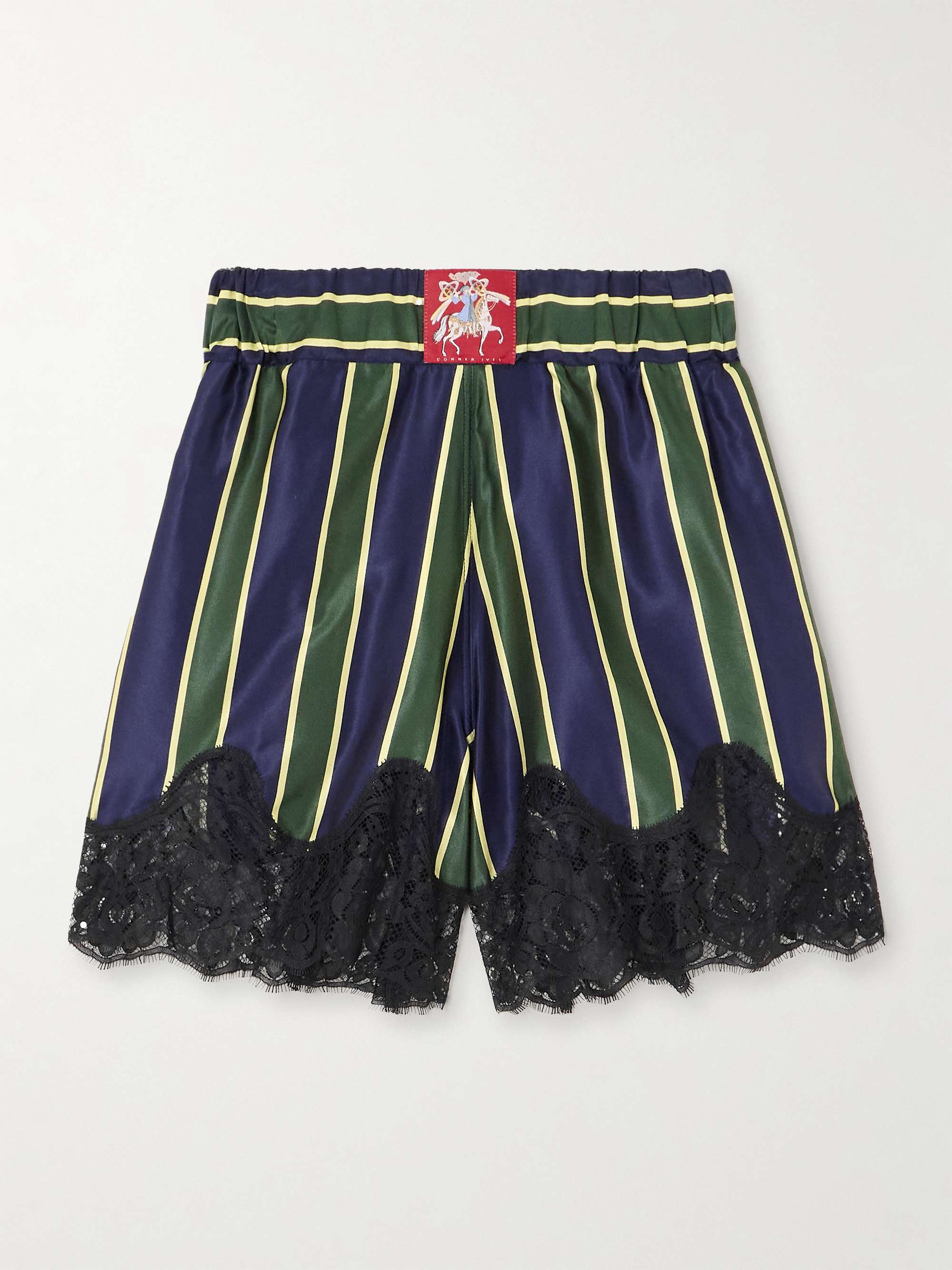 Appliquéd Lace-Trimmed Striped Cotton and Silk-Blend Satin Shorts