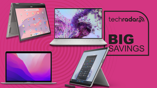 various laptops from Dell, Apple and Microsoft on a purple background