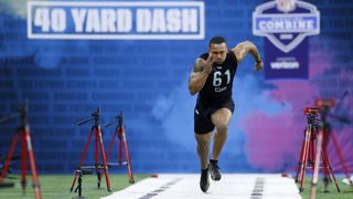 Defensive back Antoine Winfield Jr. of Minnesota runs the 40-yard dash during the NFL Combine at Lucas Oil Stadium