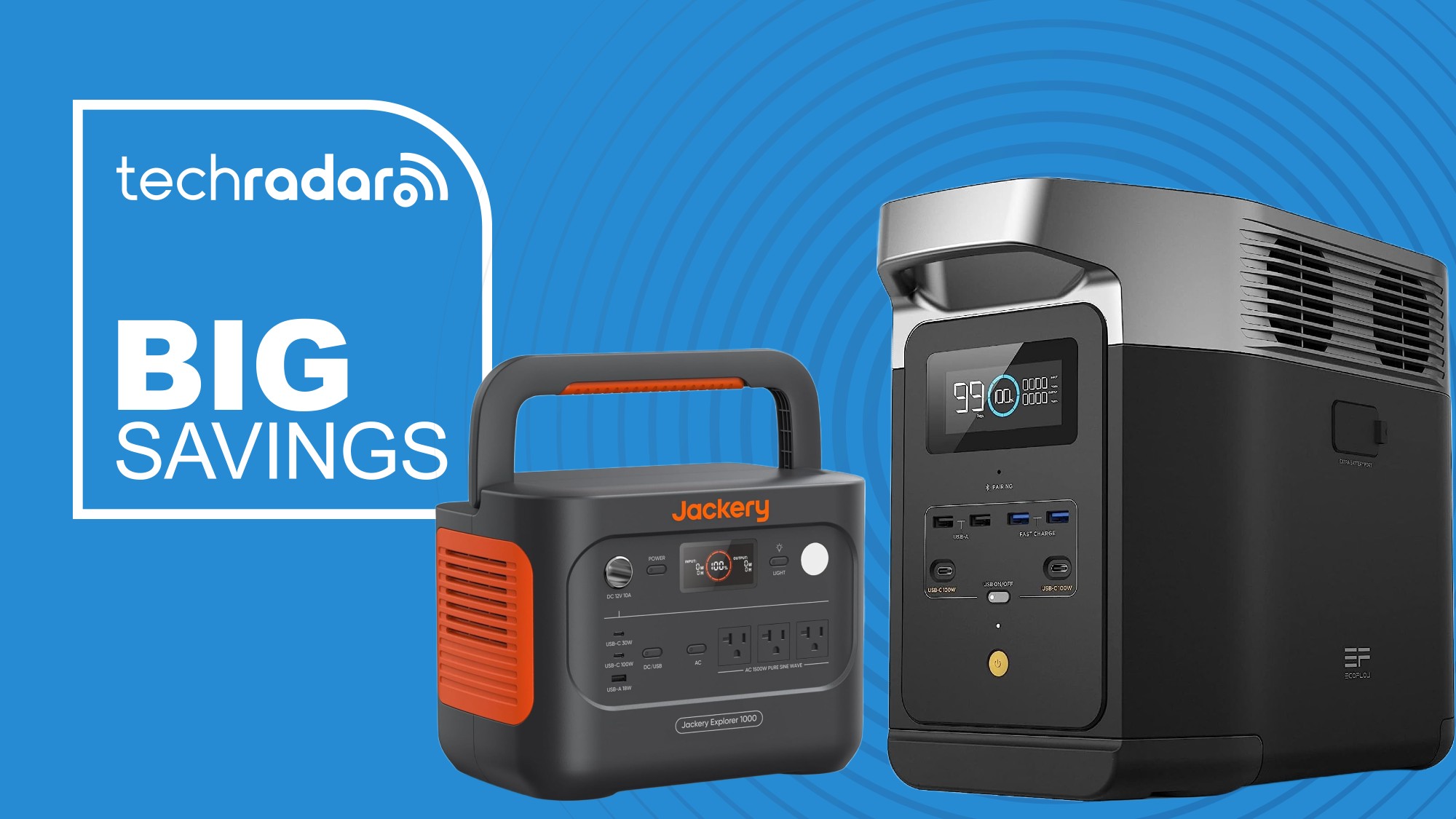 A Jackery and EcoFlow portable power station on a blue background next to a TechRadar badge that reads 'Big Savings'