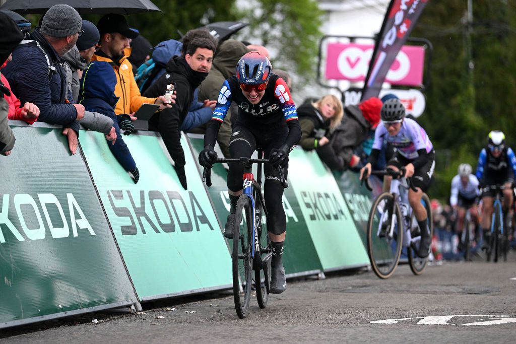 HUY BELGIUM APRIL 17 Marta Cavalli of Italy and Team FDJ Suez crosses the finish line during the 27th La Fleche Wallonne Feminine 2024 a 146km one day race from Huy to Huy UCIWWT on April 17 2024 in Huy Belgium Photo by Dario BelingheriGetty Images