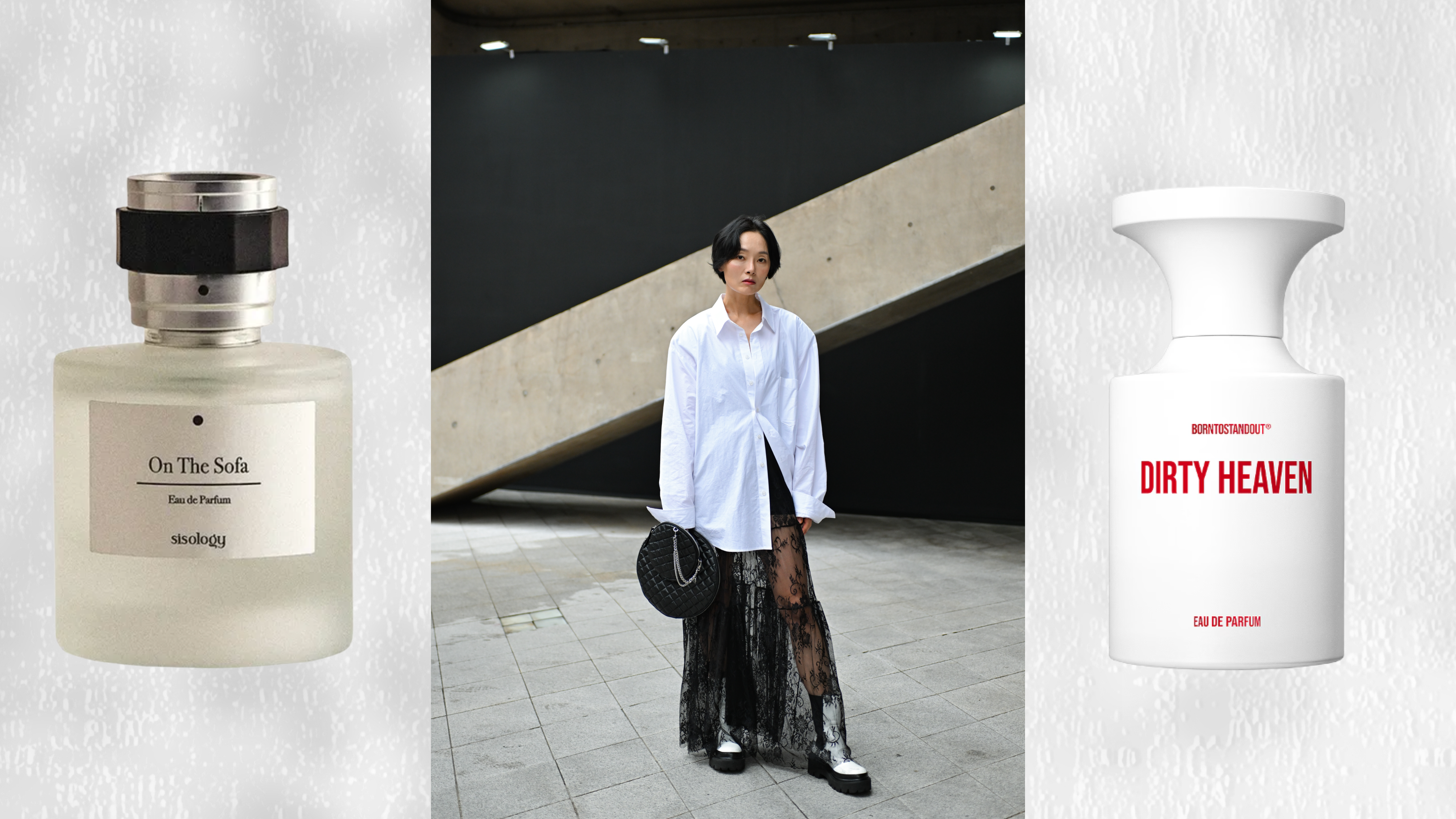 A woman with short hair wearing a white button up, a lace skirt, and white boots. She is next to two bottles of perfume from Korean brands.