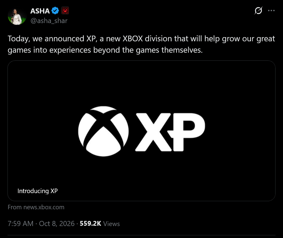 Today, we announced XP, a new XBOX division that will help grow our great games into experiences beyond the games themselves.