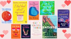 A selection of valentine's day book recommendations on a pink background with love hearts in the corners