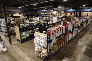 Shelves stocked inside the new ADI Electronic Custom Distributors (ECD) business in Austin.