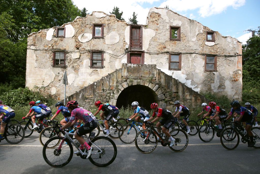 DURANGO SPAIN MAY 17 A general view of Laura Asencio of France and Ceratizit WNT Pro Cycling Team Kathrin Hammes of Germany and Team EF Education Tibco Svb Beatriz Roxo of Portugal and Team Rio Miera Cantabria Deporte Natalia Franco Villegas of Colombia and WCC Team Centre Mondial Du Cyclisme Cecilie Uttrup Ludwig of Denmark and Team FDJ Nouvelle Aquitaine Futuroscope pecompete during the 21st Durango Durango Emakumeen Saria 2022 a 113km one day race from Durango to to Durango DurangoDurango22 on May 17 2022 in Durango Spain Photo by Gonzalo Arroyo MorenoGetty Images