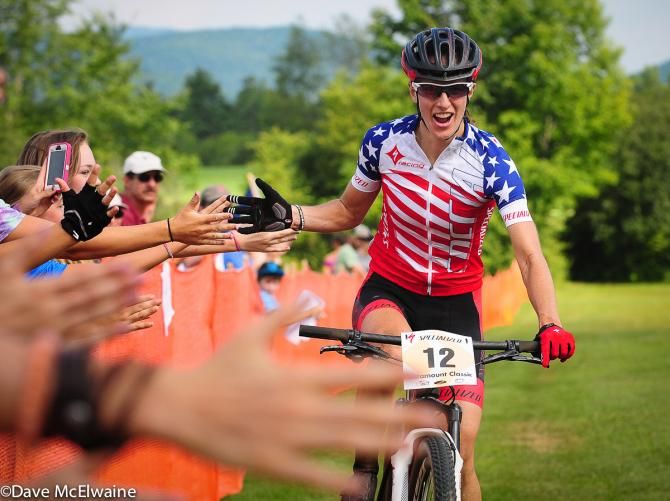 Lea Davison (Specialized) is contratulated by her many hometown fans