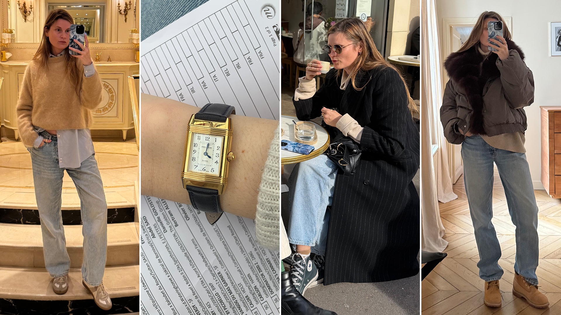 collage of French writer and editor Eugenie Trochu wearing chic outfits with button-down shirts, jeans, sweaters, bomber jackets, watches, long coats, and sneakers