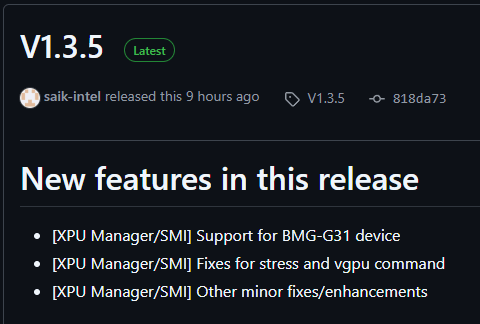 A screenshot of the Intel GitHub page showing BMG-G31 support as a new feature in the latest release.