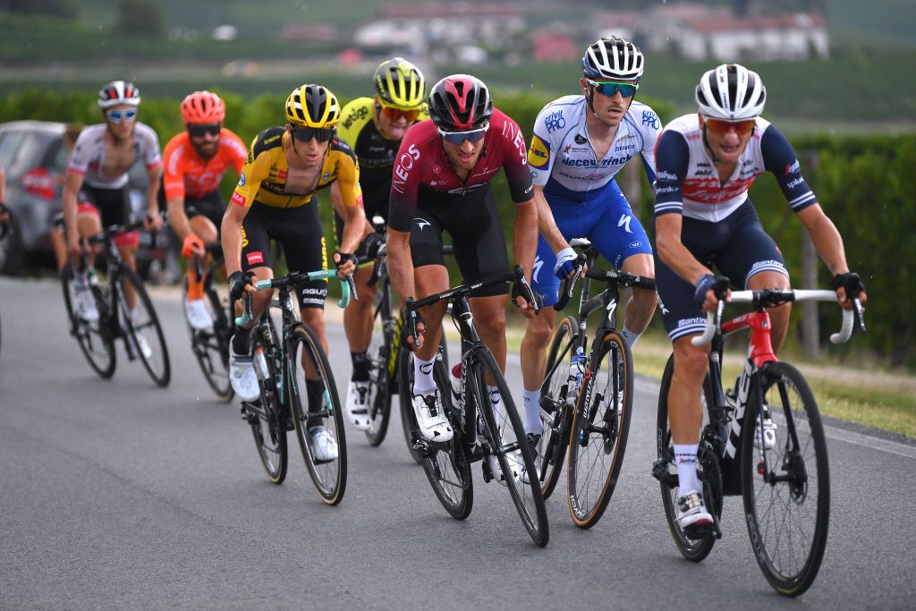 BAROLO ITALY AUGUST 12 George Bennett of New Zealand and Team JumboVisma Gianni Moscon of Italy and Team INEOS Dries Devenyns of Belgium and Team Deceuninck QuickStep Giulio Ciccone of Italy and Team TrekSegafredo Peloton during the 104th Giro del Piemonte 2020 a 187km race from Santo Stefano Belbo to Barolo 294m GranPiemonte GranPiemonte on August 12 2020 Barolo Italy Photo by Tim de WaeleGetty Images