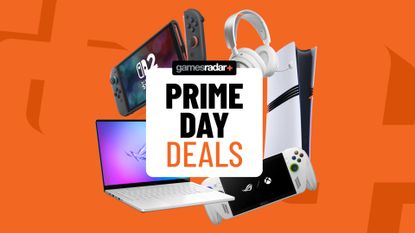 PS5, Xbox, Nintendo Switch 2, and PC gaming devices on an orange background with Prime Day deals badge