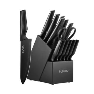 A set of black kitchen knives