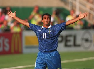 Romario celebrates after scoring for Brazil against Sweden at the 1994 World Cup.