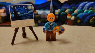 Vincent van Gogh - The Starry Night 21333 - a minifig of Van Gogh standing next to a mini version of Starry Night painting