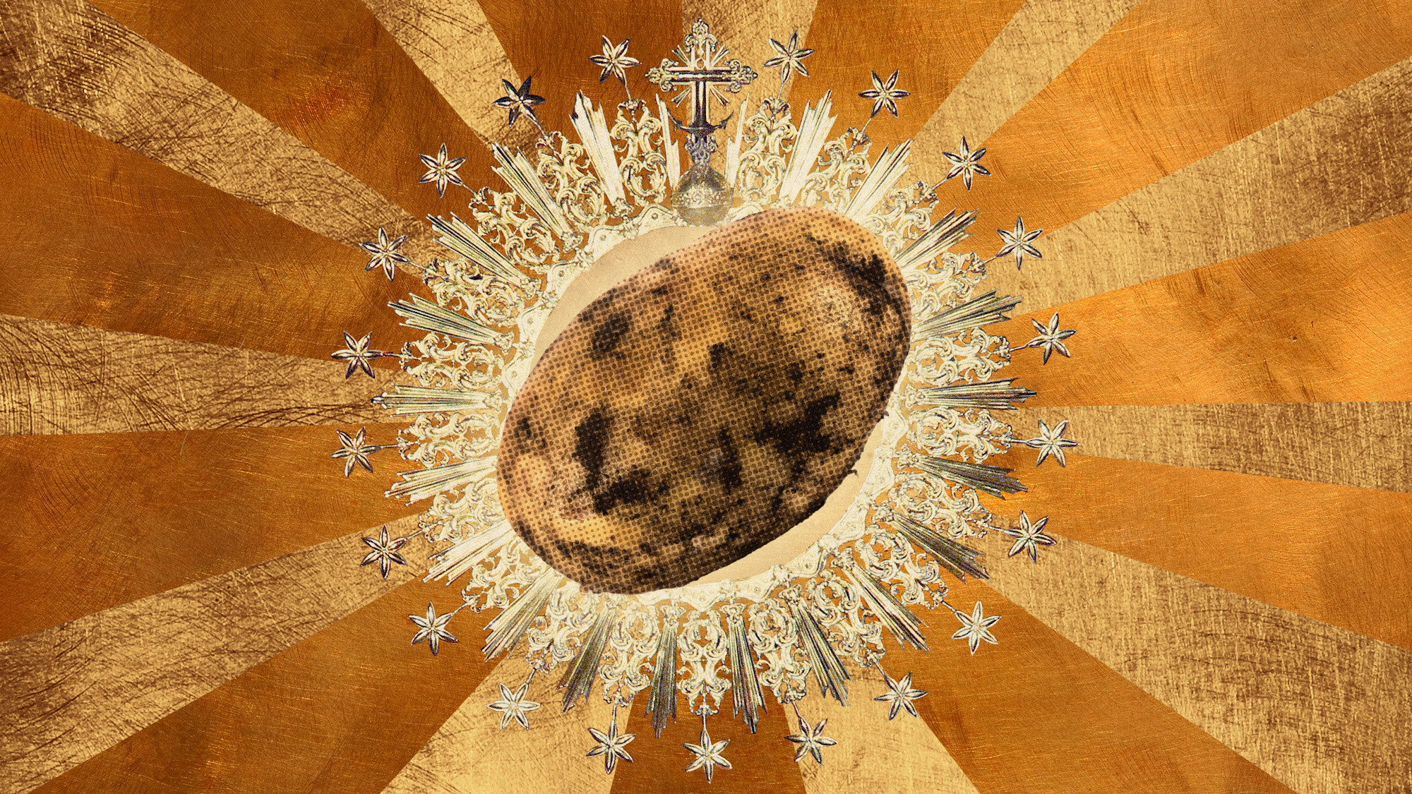 Photo collage of a potato on a golden background reminiscent of a Russian orthodox icon