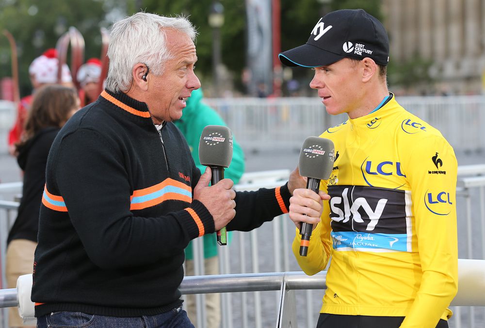 Chris Froome is interviewed for EuroSport by three-time winner of the Tour de France Greg Lemond.