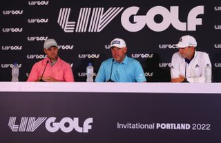 Martin Kaymer, Lee Westwood and Sergio Garcia speak at the LIV Golf Portland press conference
