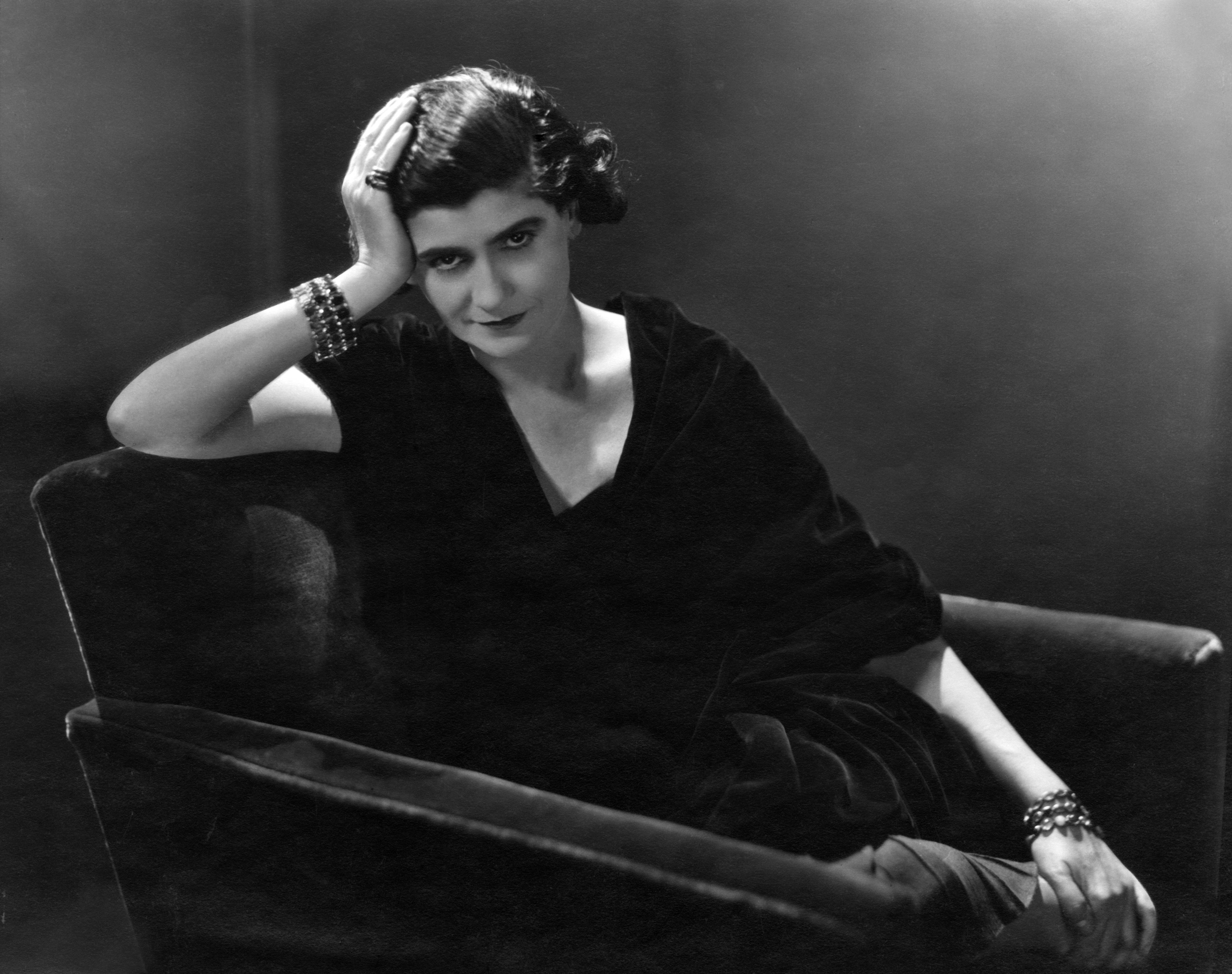 Coco Chanel in a black and white photo