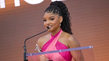 Halle Bailey speaks onstage during the 2024 ESSENCE Black Women In Hollywood Awards Ceremony at Academy Museum of Motion Pictures on March 07, 2024 in Los Angeles, California.