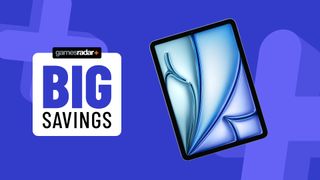 11-inch iPad Air on a blue background with big savings badge