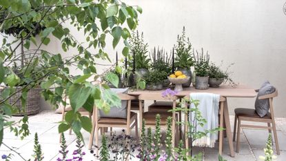 A wooden table and chairs topped with potted plants on a show garden at the RHS Chelsea Flower Show