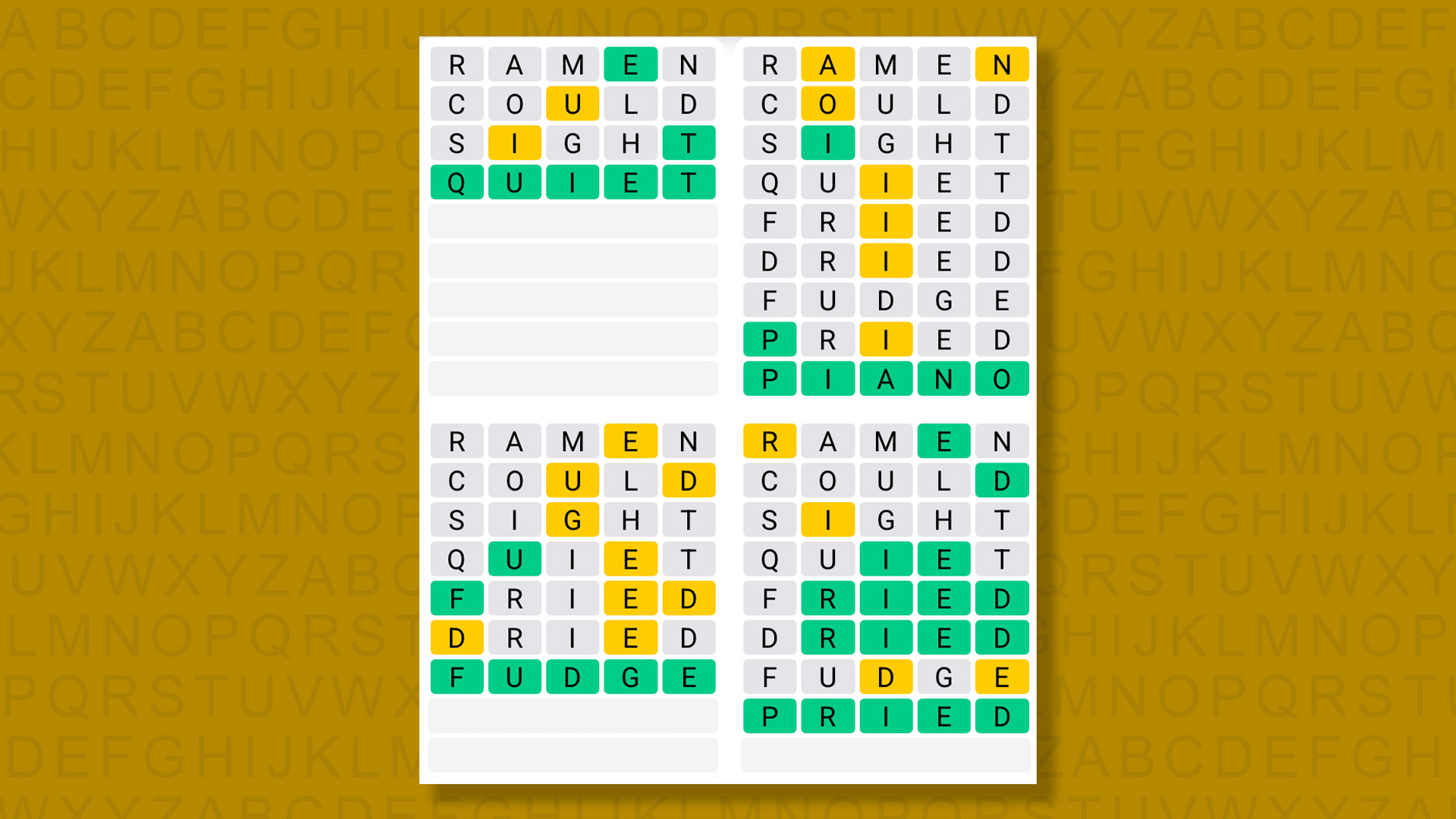 Quordle answers for game 1400 on a yellow background