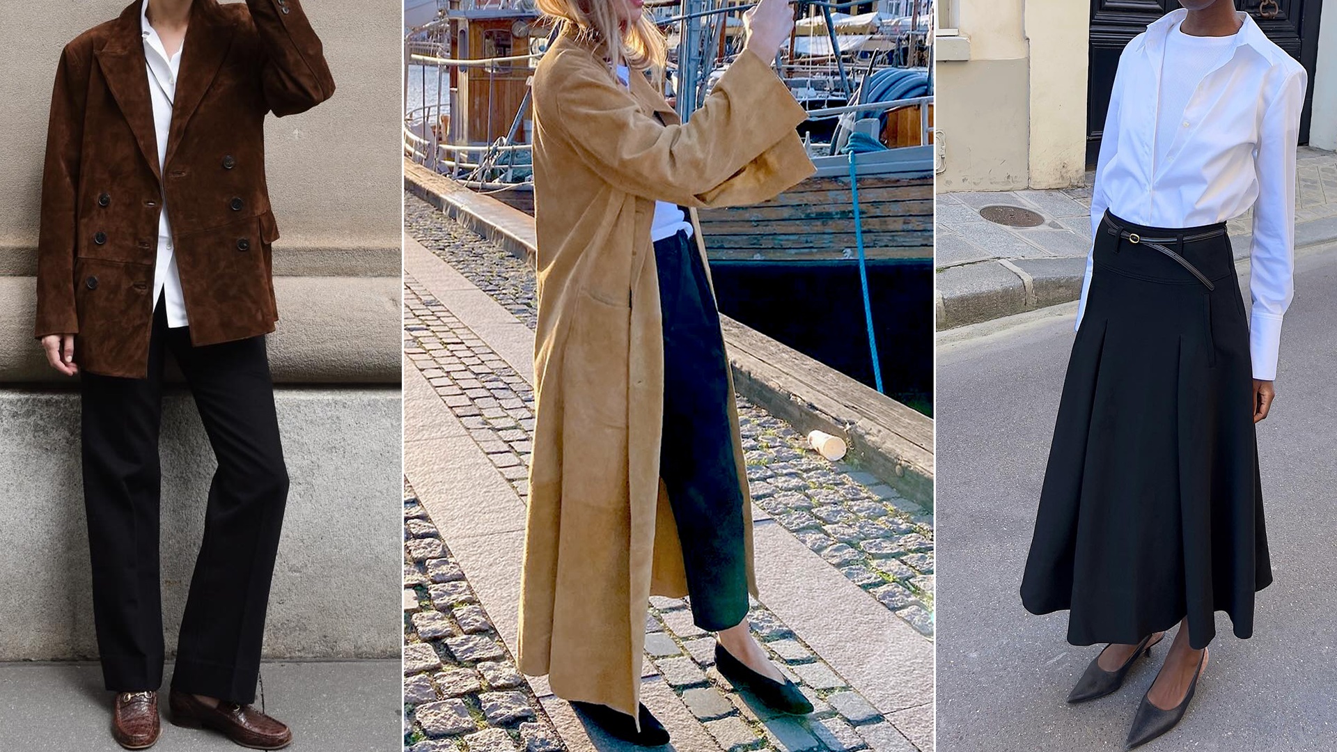 fashion collage featuring three style influencers wearing chic shoes like brown chain loafers, black V-cut flats, and black slingback heels