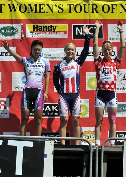 Stage 5 podium (L-R): Liu Xin (Giant Pro Cycling Team), Shelley Evans (USA National Team) and Ruth Corset (MB Team).
